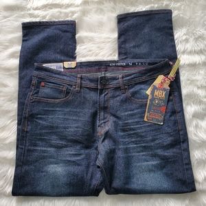 MBX MEN'S JEANS SIZE 36X32 SLIM STRETCH SIT BELOW WAIST SLIM FIT THRU KNEE